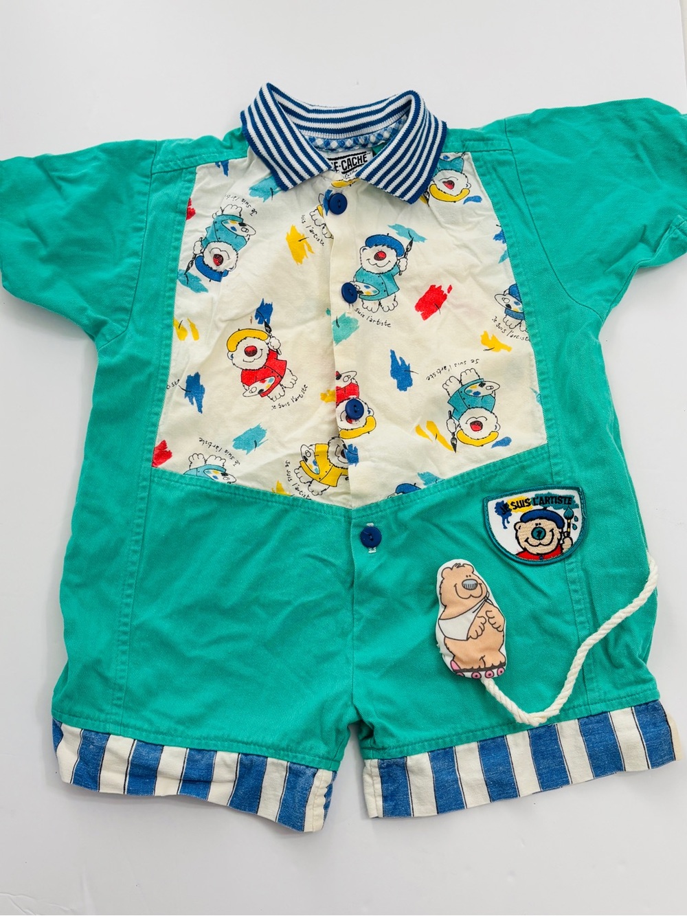 Vintage 80's Cache-Cache 18M Pocket Bear Green‎ Retro Graphic Print Y2K Romper
